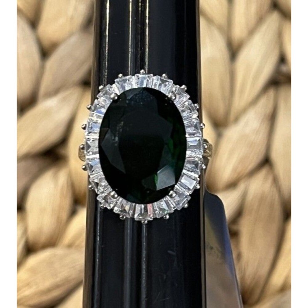 Emerald Halo Cocktail 925 Sterling Silver Ring 7 Holiday Fairycore DEADSTOCK